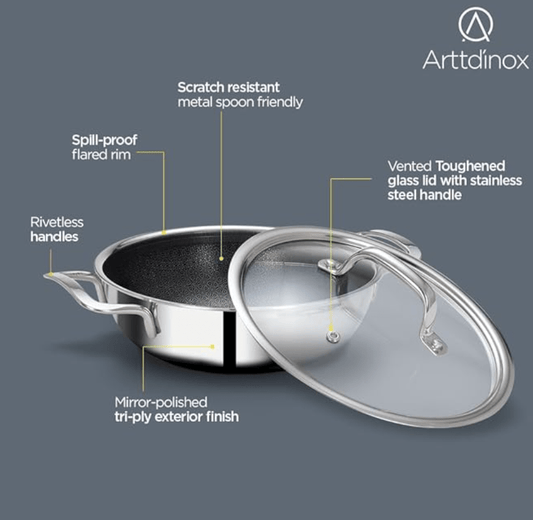 ARTTDINOX Stellar Triply Stainless Steel Kadhai with Lid | Triply Kadai | Non Stick Kadai | Kadai with Lid for Cooking | Gas & Induction Base, 24cm, 2.7Ltr, Jindal Stainless, Silver