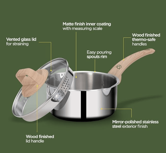 ARTTDINOX Timber Stainless Steel Triply Saucepan with Glass Lid | 16 cm | 1.5 LTR | Wood Finished Handle | Gas & Induction Base | 7 Yrs Warranty | Jindal Stainless