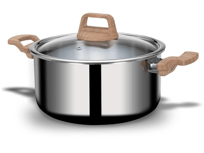 ARTTDINOX Timber Stainless Steel Triply Pot with Glass Lid for Biryani | Pulao | Halwa | Curries | 20 cm | 3 LTR | Wood Finished Handle | Induction & Gas Base | 7 Yrs Warranty | Jindal Stainless