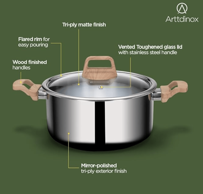 ARTTDINOX Timber Stainless Steel Triply Pot with Glass Lid for Biryani | Pulao | Halwa | Curries | 20 cm | 3 LTR | Wood Finished Handle | Induction & Gas Base | 7 Yrs Warranty | Jindal Stainless