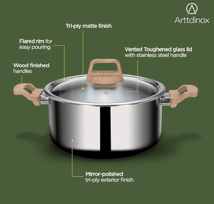 ARTTDINOX Timber Stainless Steel Triply Pot with Glass Lid for Biryani | Pulao | Halwa | Curries | 20 cm | 3 LTR | Wood Finished Handle | Induction & Gas Base | 7 Yrs Warranty | Jindal Stainless