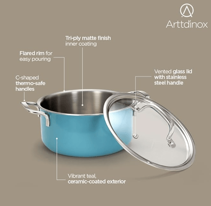 ARTTDINOX Vida Stainless Steel Triply 18 cm 2 LTR Pot with Glass Lid for Biryani | Pulao | Halwa | Curries | Rivetless Handle | Induction & Gas Base | Jindal Stainless