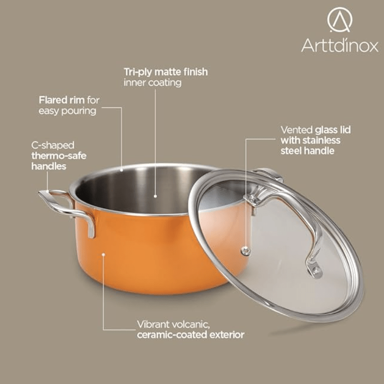 பிரியாணிக்கு கண்ணாடி மூடியுடன் கூடிய ARTTDINOX விடா ஸ்டெயின்லெஸ் ஸ்டீல் ட்ரிப்ளி பானை | புலாவ் | ஹல்வா | கறிகள் | 20 செ.மீ | 3 லிட்டர் | ரிவெட்லெஸ் ஹேண்டில் | இண்டக்ஷன் &amp; கேஸ் பேஸ் | 7 வருட உத்தரவாதம் | ஜிண்டால் ஸ்டெயின்லெஸ் 