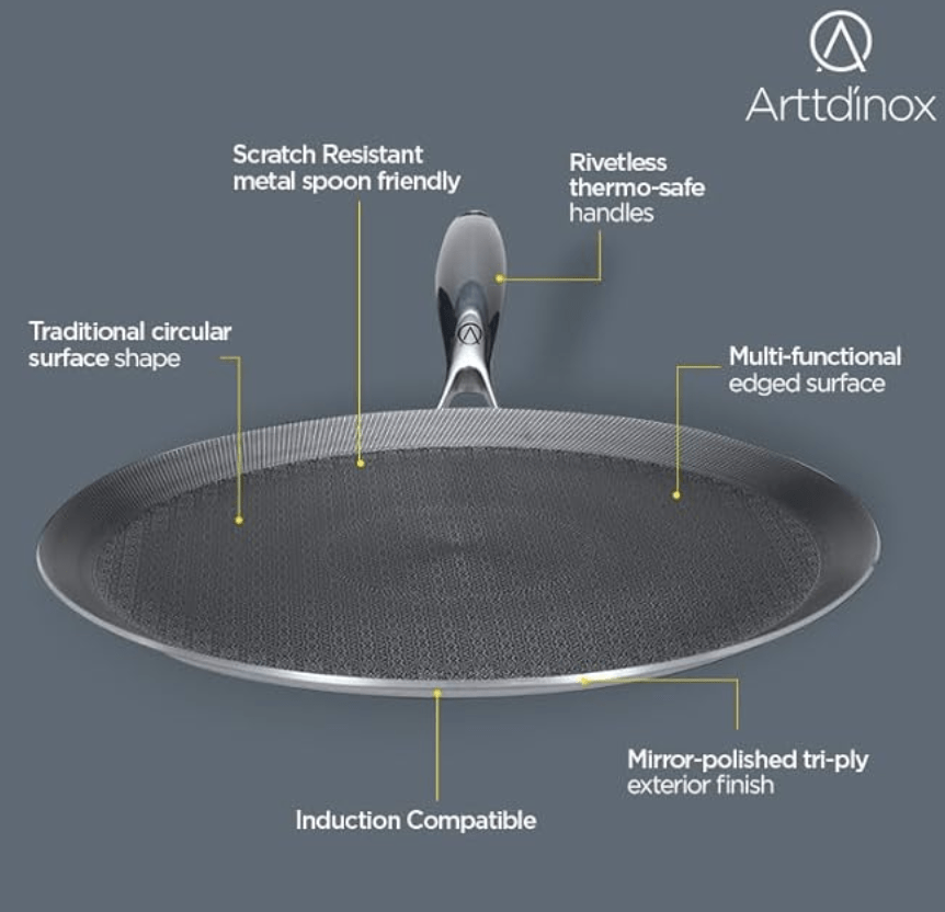 ARTTDINOX Stellar Stainless Steel Triply Non Stick Tawa | 28 cm | Etched nonstick | Rivetless Double Wired Handle | Gas & Induction Base | 7 Yrs Warranty | Jindal Stainless
