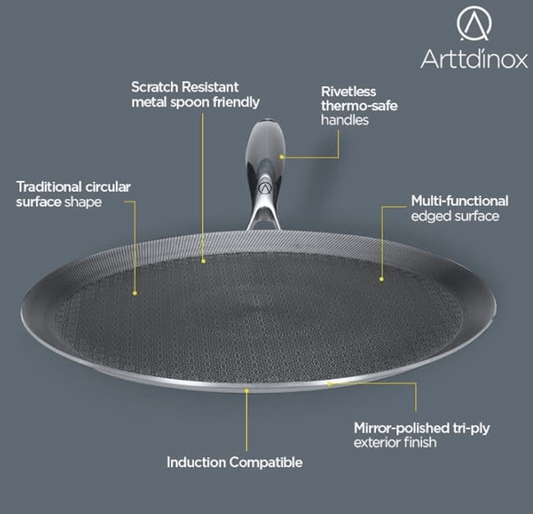 ARTTDINOX Stellar Stainless Steel Triply Non Stick Tawa | 28 cm | Etched nonstick | Rivetless Double Wired Handle | Gas & Induction Base | 7 Yrs Warranty | Jindal Stainless
