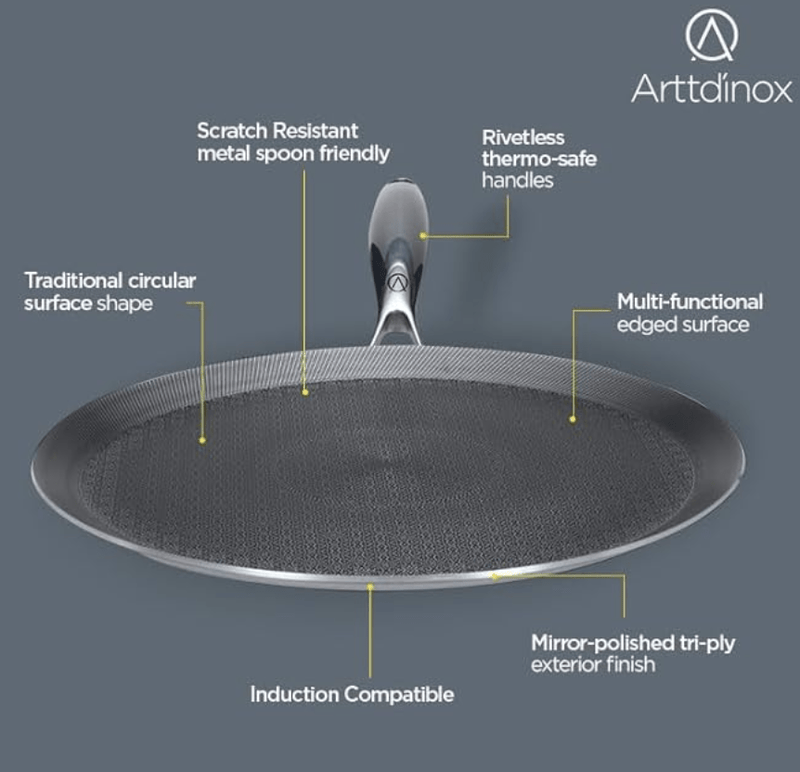 ARTTDINOX Stellar Stainless Steel Triply Non Stick Tawa | 28 cm | Etched nonstick | Rivetless Double Wired Handle | Gas & Induction Base | 7 Yrs Warranty | Jindal Stainless-2