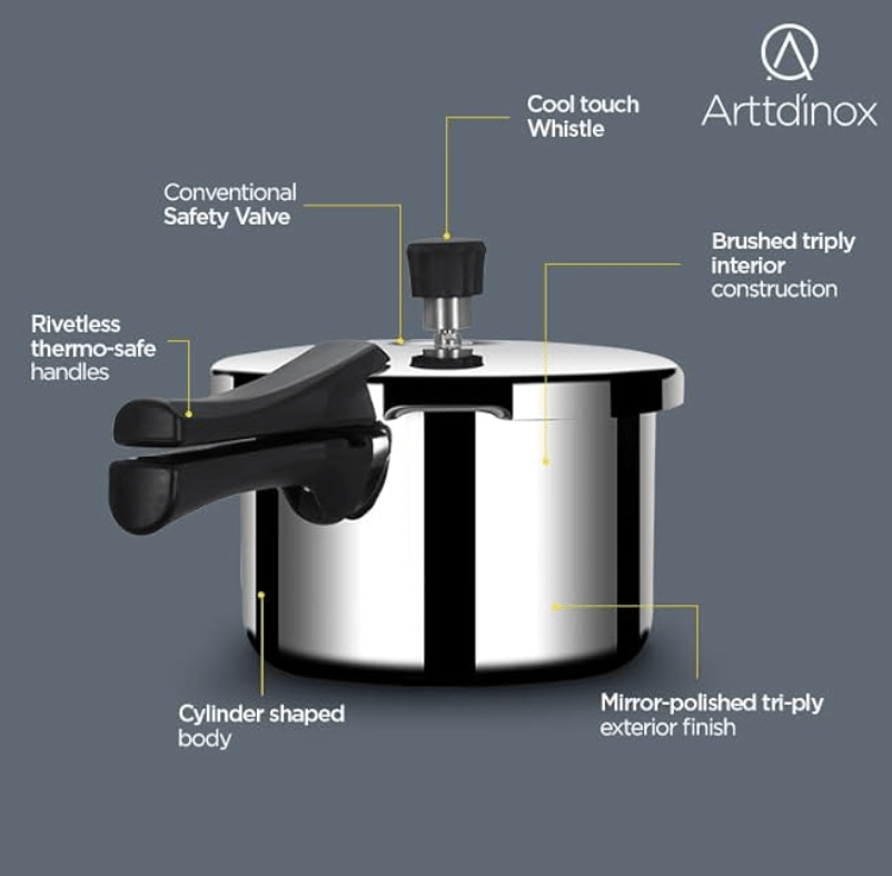 ARTTDINOX Stellar Stainless Steel Triply 3 Ltr Mirror finish Pressure Cooker with Gasket | Rivetless Handle | Induction & Gas Base | 7 Yrs Warranty | Jindal Stainless
