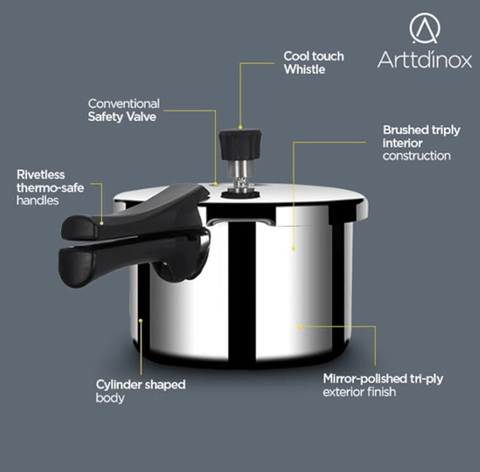 ARTTDINOX Stellar Stainless Steel Triply 5 Ltr Mirror finish Pressure Cooker with Gasket | Rivetless Handle | Induction & Gas Base | 7 Yrs Warranty | Jindal Stainless
