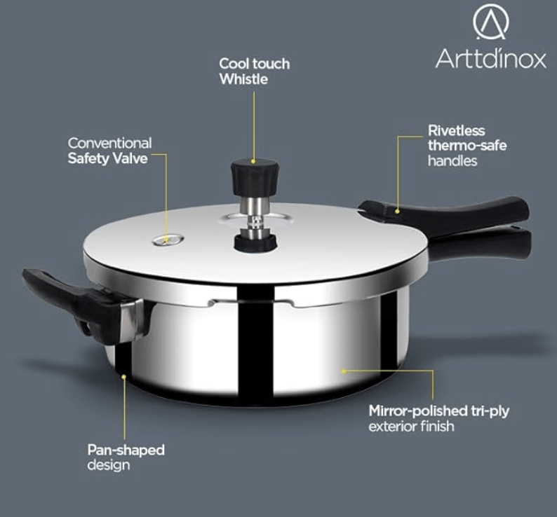 ARTTDINOX Stellar Stainless Steel Triply 3.5 Ltr Mirror finish Pressure Cooker with Gasket | Rivetless Handle | Induction & Gas Base | 7 Yrs Warranty | Jindal Stainless-2
