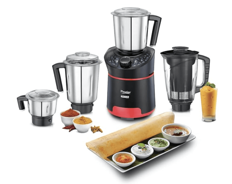 Prestige Hercules 1000W Mixer Grinder with 3 Stainless Steel jars & 1 Juicer jar|Flow-Breaker Design|Sturdy Handles|4 Super Efficient Blades|Black & Red-2