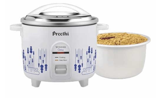 Preethi Glitter Electric Cooker, 2.2 Liters with Double Pan – White & Blue, (RC326)