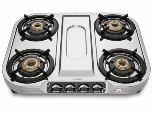 Preethi Shine Stainless Steel Gas Stove 4 Burners I Manual Ignition I ISI Certified I 2 Year Warranty