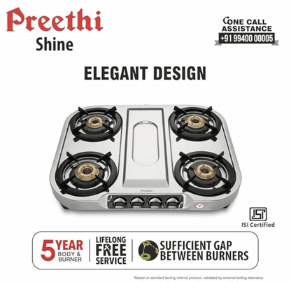 Preethi Shine Stainless Steel Gas Stove 4 Burners I Manual Ignition I ISI Certified I 2 Year Warranty