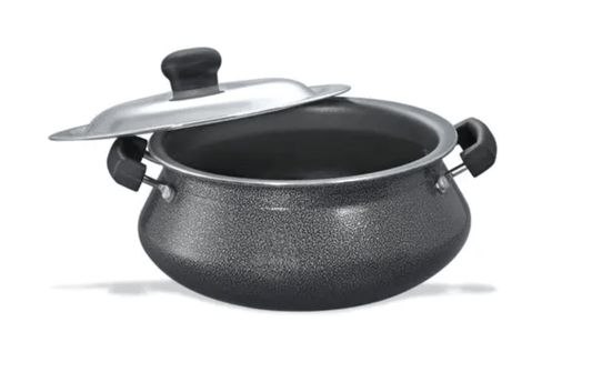 Prestige Omega Select Plus Teflon Non-stick Coated Handi with Stainless Steel Lid and Scrubber for Non-Stick Cookware, (Black) 23cm