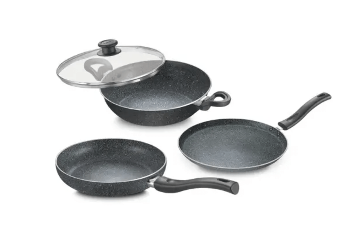 Prestige Svachh Granite Non-Stick 3-Piece Set Cookware |Dual Non-Stick Delight|Omni Tawa -28cm Dia, Kadai with GlassLid -24cm Dia, Fry Pan -24cm Dia|Gas and Induction Compatible|Metal Spoon Friendly