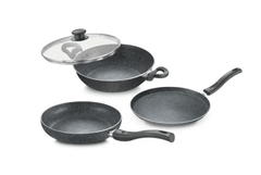 Prestige Svachh Granite Non-Stick 3-Piece Set Cookware |Dual Non-Stick Delight|Omni Tawa -28cm Dia, Kadai with GlassLid -24cm Dia, Fry Pan -24cm Dia|Gas and Induction Compatible|Metal Spoon Friendly-1