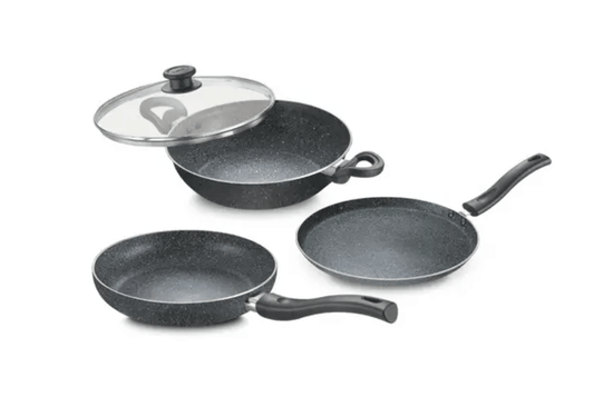 Prestige Svachh Granite Non-Stick 3-Piece Set Cookware |Dual Non-Stick Delight|Omni Tawa -28cm Dia, Kadai with GlassLid -24cm Dia, Fry Pan -24cm Dia|Gas and Induction Compatible|Metal Spoon Friendly