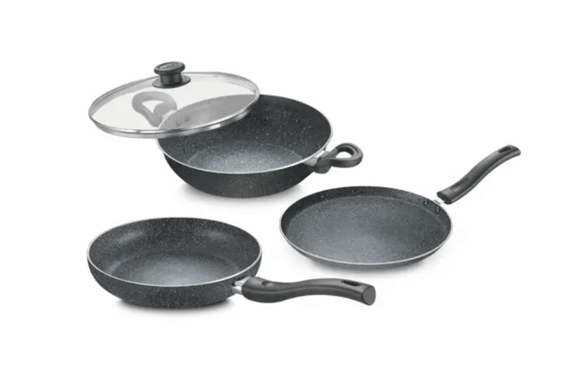 Prestige Svachh Granite Non-Stick 3-Piece Set Cookware |Dual Non-Stick Delight|Omni Tawa -28cm Dia, Kadai with GlassLid -24cm Dia, Fry Pan -24cm Dia|Gas and Induction Compatible|Metal Spoon Friendly-1
