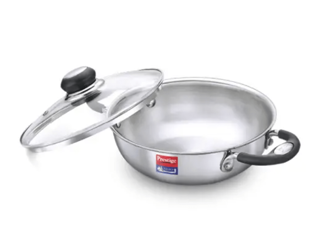 Prestige Tri Ply Splendor Stainless Steel Gas and Induction Compatible Kadai with Glass Lid (Silver)