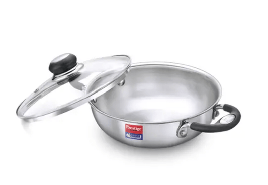 Prestige Tri Ply Splendor Stainless Steel Gas and Induction Compatible Kadai with Glass Lid (Silver)