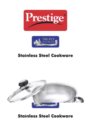 Prestige Tri Ply Splendor Stainless Steel Gas and Induction Compatible Kadai with Glass Lid (Silver)
