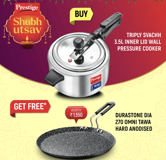 Prestige 3.5 L Tri-Ply Svachh Inner Lid Pressure Cooker and Durastone Hard Anodised 6 Layer Non-Stick Omni Tawa, 27 cm (Black)