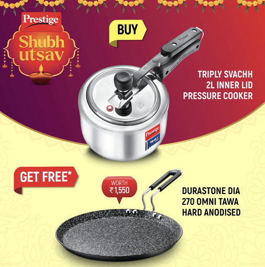 Prestige 2 L Tri-Ply Svachh Inner Lid Pressure Cooker and Durastone Hard Anodised 6 Layer Non-Stick Omni Tawa, 27 cm (Black)