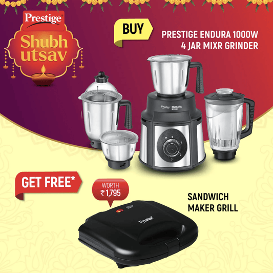 Prestige Endura 1000W Mixer Grinder - 4 Jars, Black & Silver and Sandwich Toasters With fixed Grill Plate, PGMFB