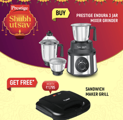 Prestige Endura 1000W Mixer Grinder with Ball Bearing Technology | Stainless Steel 3 Jars with Flow breakers | Overload protection | Black & Silver and Sandwich Toasters With fixed Grill Plate, PGMFB-1