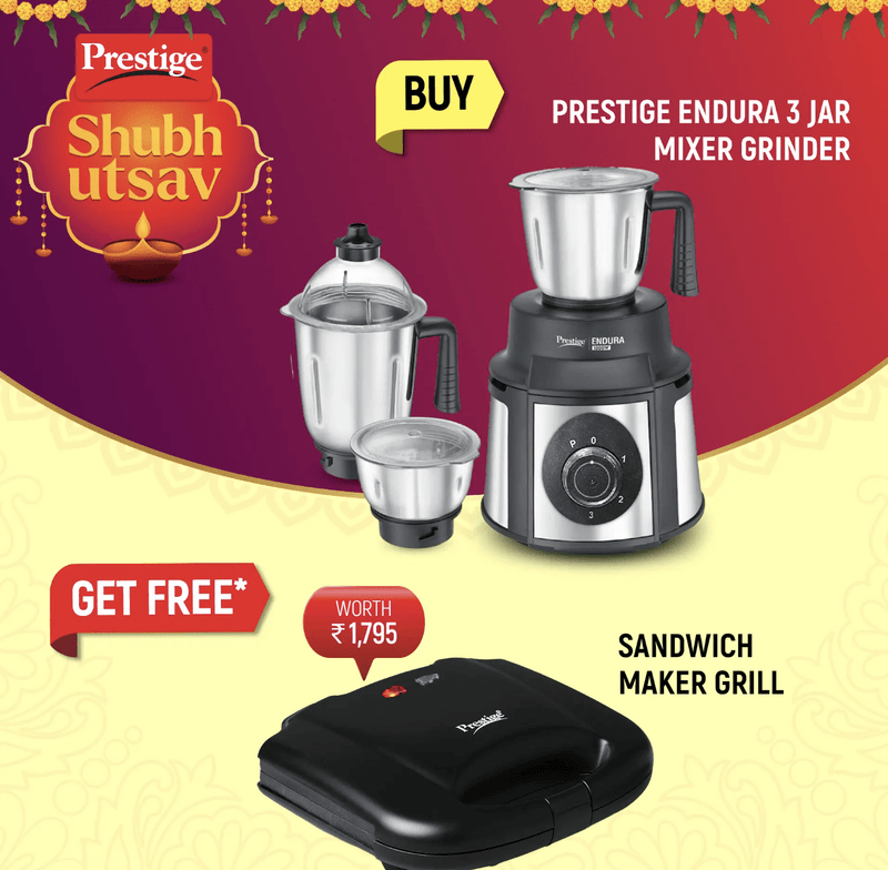 Prestige Endura 1000W Mixer Grinder with Ball Bearing Technology | Stainless Steel 3 Jars with Flow breakers | Overload protection | Black & Silver and Sandwich Toasters With fixed Grill Plate, PGMFB-1