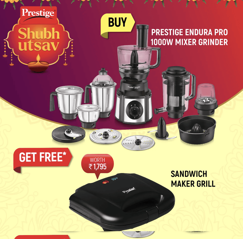 Prestige Endura Pro 1000W Mixer Grinder with 6 Jars & 6 accessories and Sandwich Toasters With fixed Grill Plate, PGMFB-1