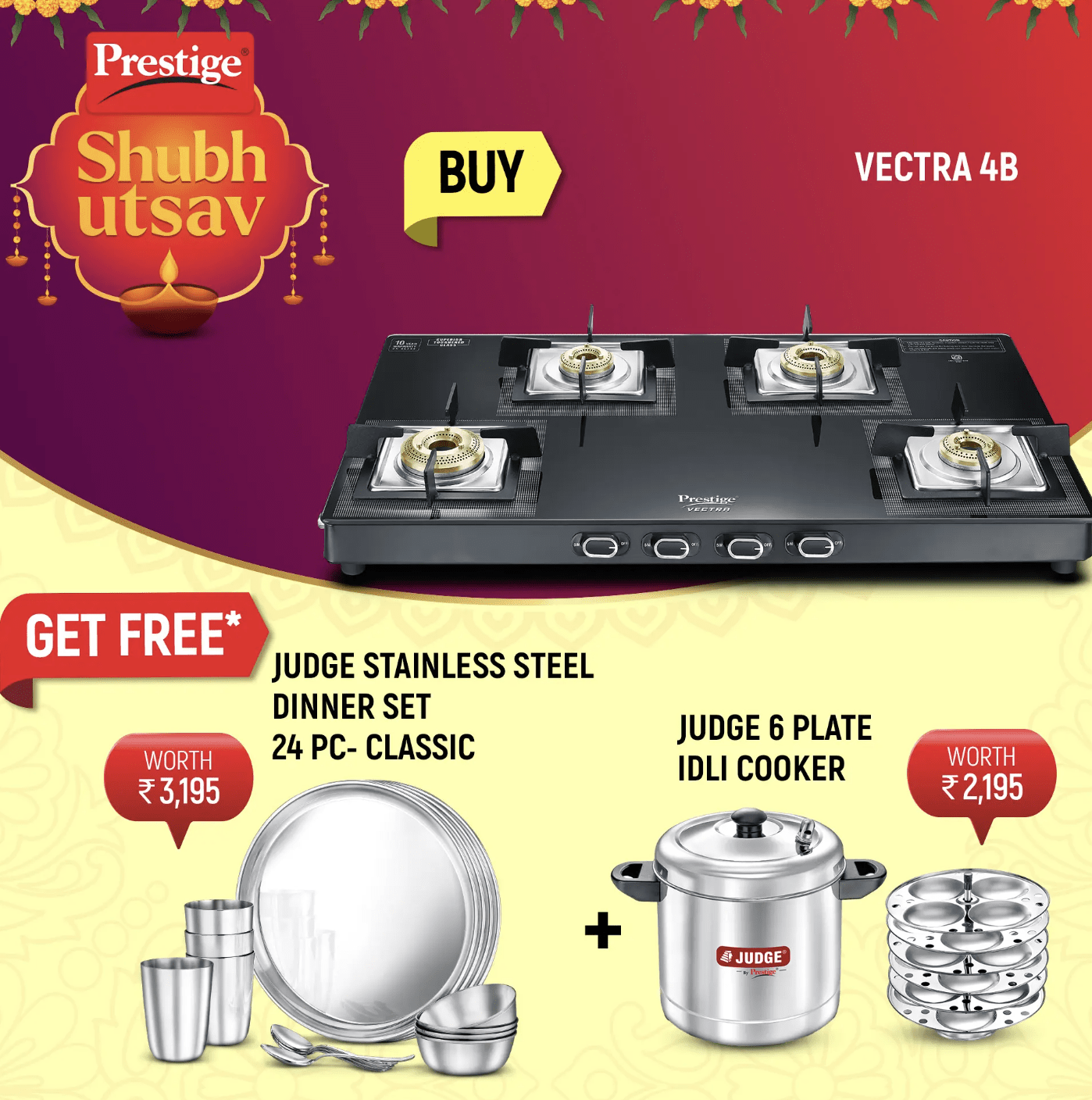 Prestige Vectra 4 Burner Glasstop Gas Stove, Judge Classic Stainless Steel Dinner Set, Set of 24 Pieces and Judge Stainless Steel Idli cooker - 6 plate