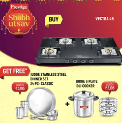 Prestige Vectra 4 Burner Glasstop Gas Stove, Judge Classic Stainless Steel Dinner Set, Set of 24 Pieces and Judge Stainless Steel Idli cooker - 6 plate-1
