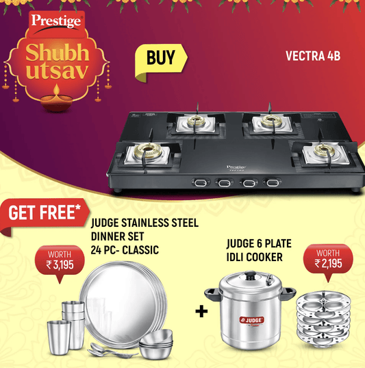 Prestige Vectra 4 Burner Glasstop Gas Stove, Judge Classic Stainless Steel Dinner Set, Set of 24 Pieces and Judge Stainless Steel Idli cooker - 6 plate