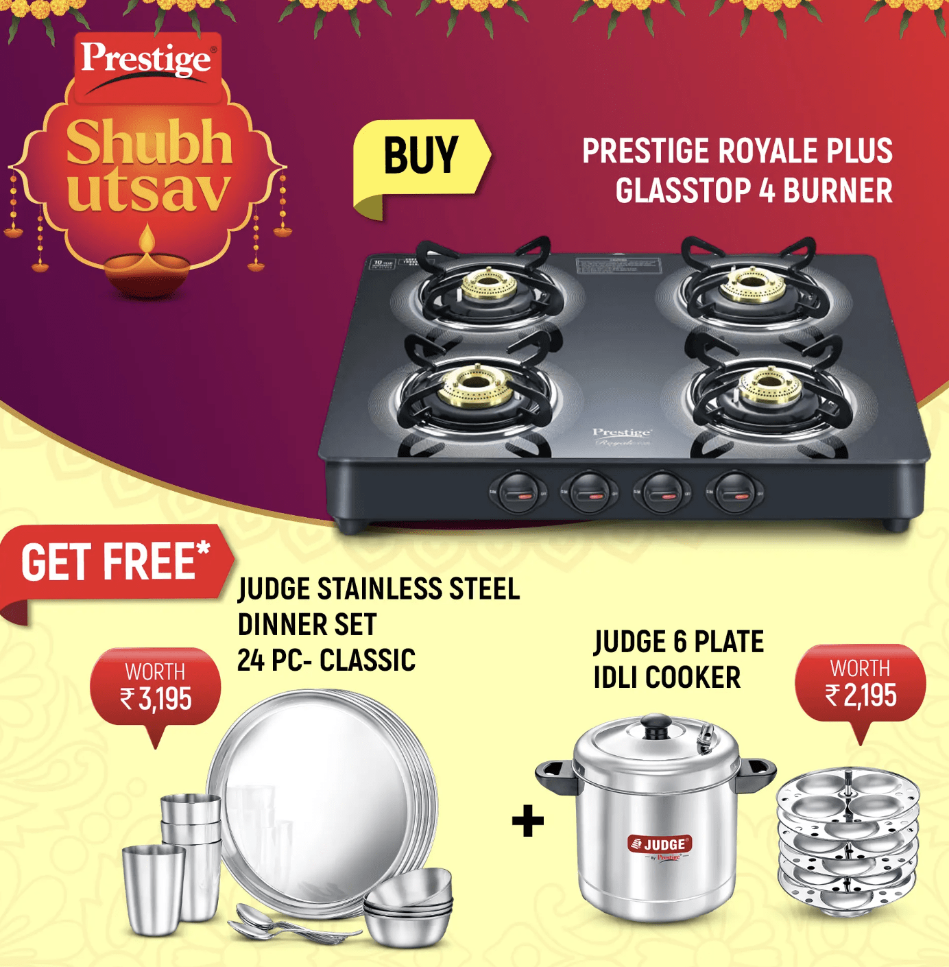 Prestige Royale Plus GT 04 Toughened Black Glass Top, Classic Stainless Steel Dinner Set, Set of 24 Pieces and Stainless Steel Idli cooker - 6 plate