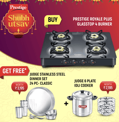 Prestige Royale Plus GT 04 Toughened Black Glass Top, Classic Stainless Steel Dinner Set, Set of 24 Pieces and Stainless Steel Idli cooker - 6 plate-1
