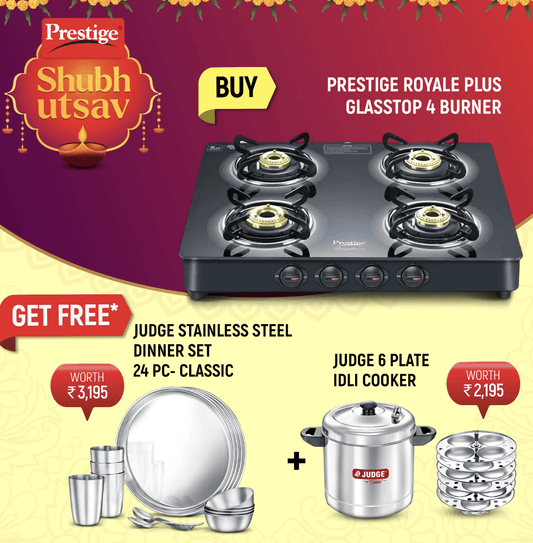 Prestige Royale Plus GT 04 Toughened Black Glass Top, Classic Stainless Steel Dinner Set, Set of 24 Pieces and Stainless Steel Idli cooker - 6 plate