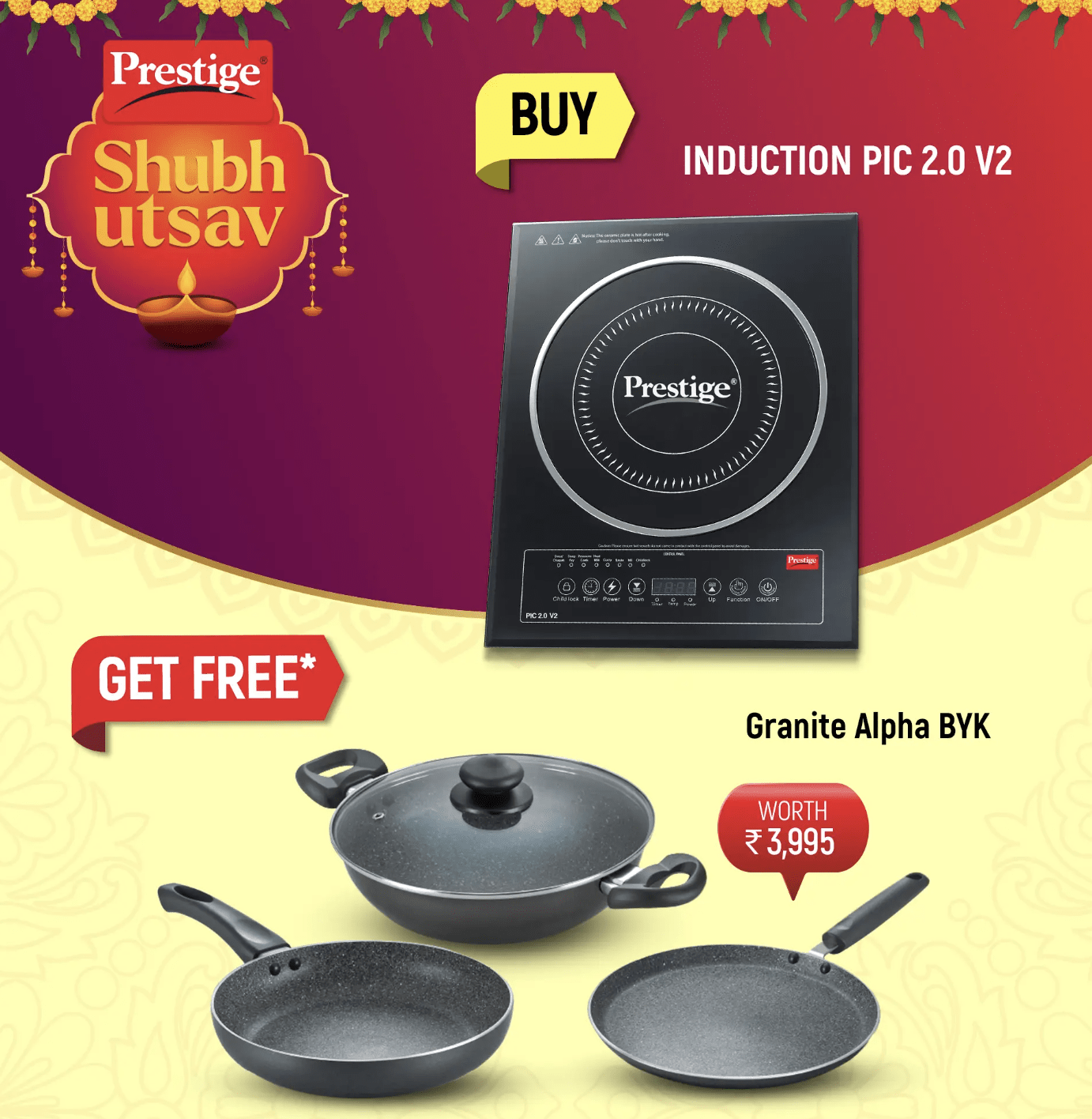 प्रेस्टीज पीआईसी 2.0 वी2 इंडक्शन कुकटॉप 2000W भारतीय मेनू विकल्पों के साथ (काला) और ओमेगा डीलक्स ग्रेनाइट अल्फा एल्युमीनियम नॉन-स्टिक अपना किचन सेट बनाएँ
