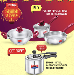 Prestige Platina Popular Stainless Steel Cookware Set (Fry Pan 22 cm), Sauce Pan 16 cm) &amp; Kadai 22 cm Dia and Nakshatra Essential Svachh Stainless Steel Pressure Cooker 3.0 L-1