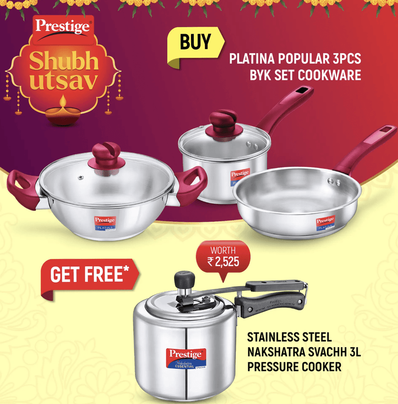 Prestige Platina Popular Stainless Steel Cookware Set (Fry Pan 22 cm), Sauce Pan 16 cm) &amp; Kadai 22 cm Dia and Nakshatra Essential Svachh Stainless Steel Pressure Cooker 3.0 L-1