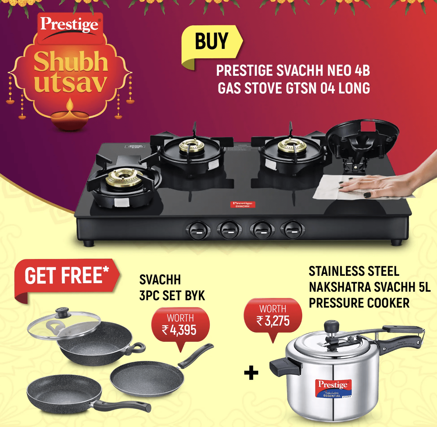 Prestige Svachh Neo Toughened Glasstop Gas Stove - GTSN 04 L, Svachh Granite Non-Stick 3-Piece Set Cookware and Nakshatra Essential Svachh Stainless Steel Pressure Cooker 5.0 L