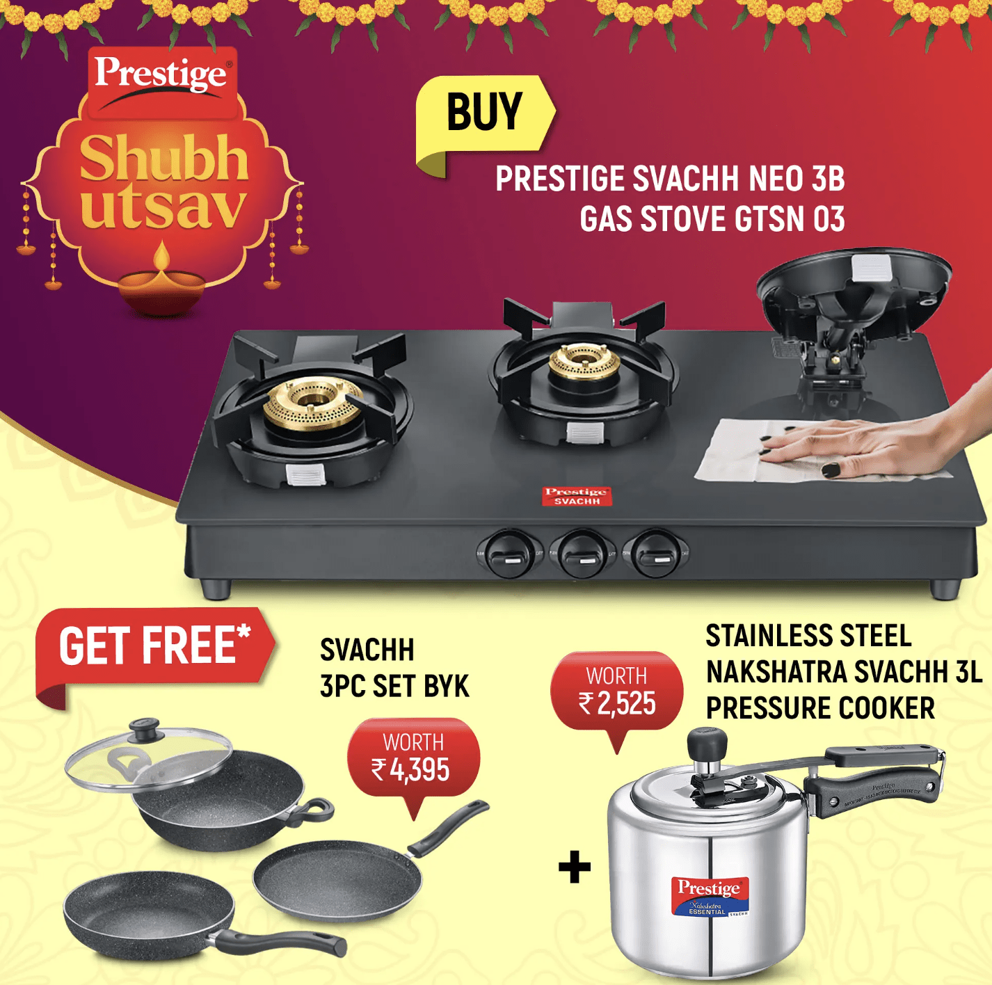 Prestige Svachh Neo Toughened Glasstop Gas Stove - GTSN 03, Svachh Granite Non-Stick 3-Piece Set Cookware and Nakshatra Essential Svachh Stainless Steel Pressure Cooker 3.0 L