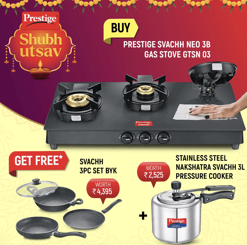 Prestige Svachh Neo Toughened Glasstop Gas Stove - GTSN 03, Svachh Granite Non-Stick 3-Piece Set Cookware and Nakshatra Essential Svachh Stainless Steel Pressure Cooker 3.0 L-1