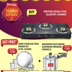 Prestige Royale Plus GT 03 Toughened Black Glass Top, Classic Stainless Steel Dinner Set and Set of 24 Pieces and Nakshatra Plus Svachh Aluminium Spillage Control Pressure Cooker, 3 L-1