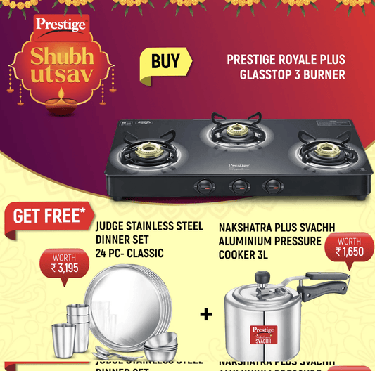 Prestige Royale Plus GT 03 Toughened Black Glass Top, Classic Stainless Steel Dinner Set and Set of 24 Pieces and Nakshatra Plus Svachh Aluminium Spillage Control Pressure Cooker, 3 L