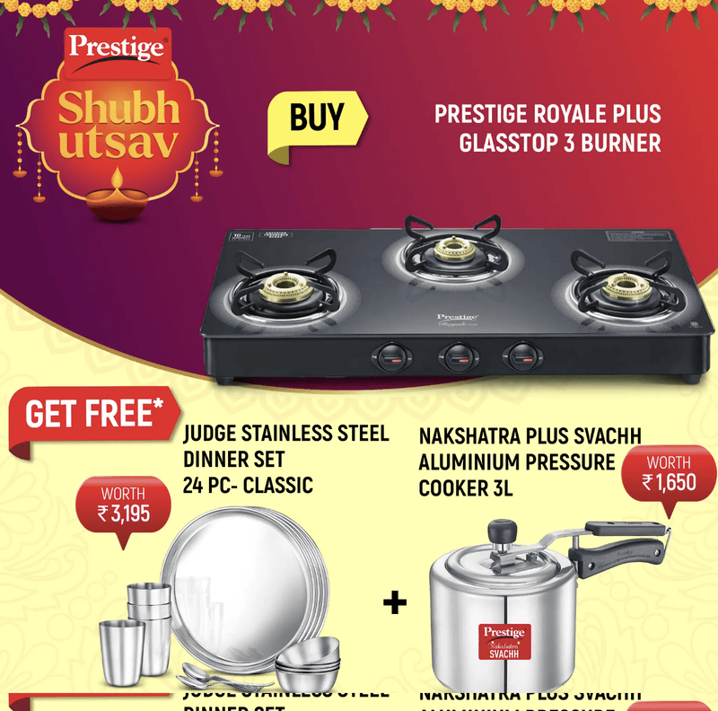 Prestige Royale Plus GT 03 Toughened Black Glass Top, Classic Stainless Steel Dinner Set and Set of 24 Pieces and Nakshatra Plus Svachh Aluminium Spillage Control Pressure Cooker, 3 L-1