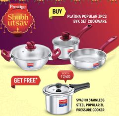 SKU 70000191 Prestige Platina Popular Stainless Steel Cookware Set (Fry Pan 22 cm (1.9 L), Sauce Pan 16 cm & Kadai 22 cm Dia and Popular Svachh Spillage Control Stainless Steel Pressure Cooker, 3 L-1