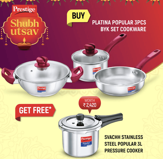SKU 70000191 Prestige Platina Popular Stainless Steel Cookware Set (Fry Pan 22 cm (1.9 L), Sauce Pan 16 cm & Kadai 22 cm Dia and Popular Svachh Spillage Control Stainless Steel Pressure Cooker, 3 L