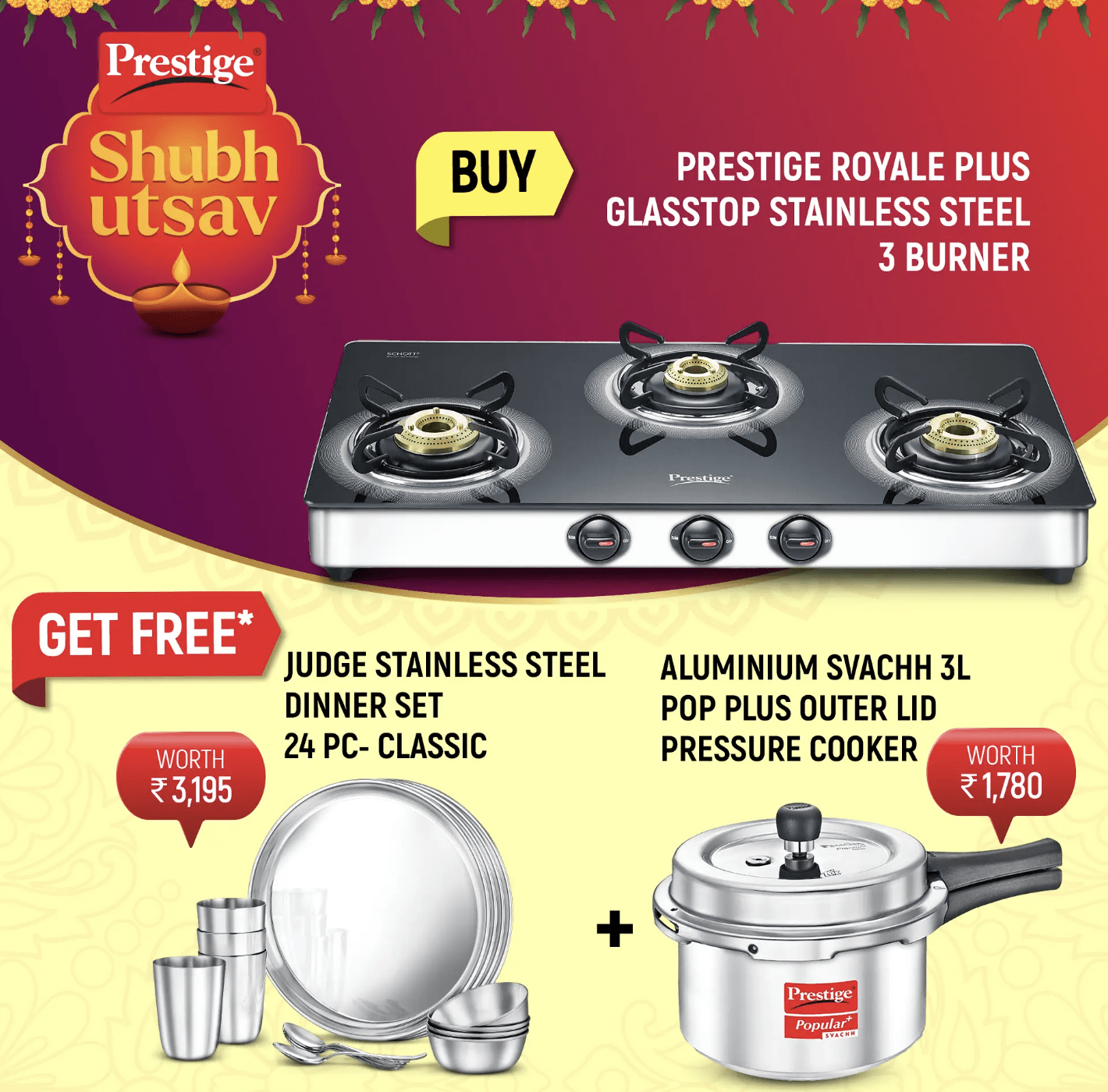 Prestige Royale Plus Schott Glass Top Gas Stove - GT 03L SS, Classic Stainless Steel Dinner Set and Popular Plus Svachh Virgin Aluminium Spillage Control Pressure Cooker 3 L
