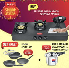 Prestige Svachh Neo Toughened Glasstop Gas Stove - GTSN 03, Svachh Granite Non-Stick 3-Piece Set Cookware and Popular Svachh Spillage Control Stainless Steel Pressure Cooker, 3 L-1